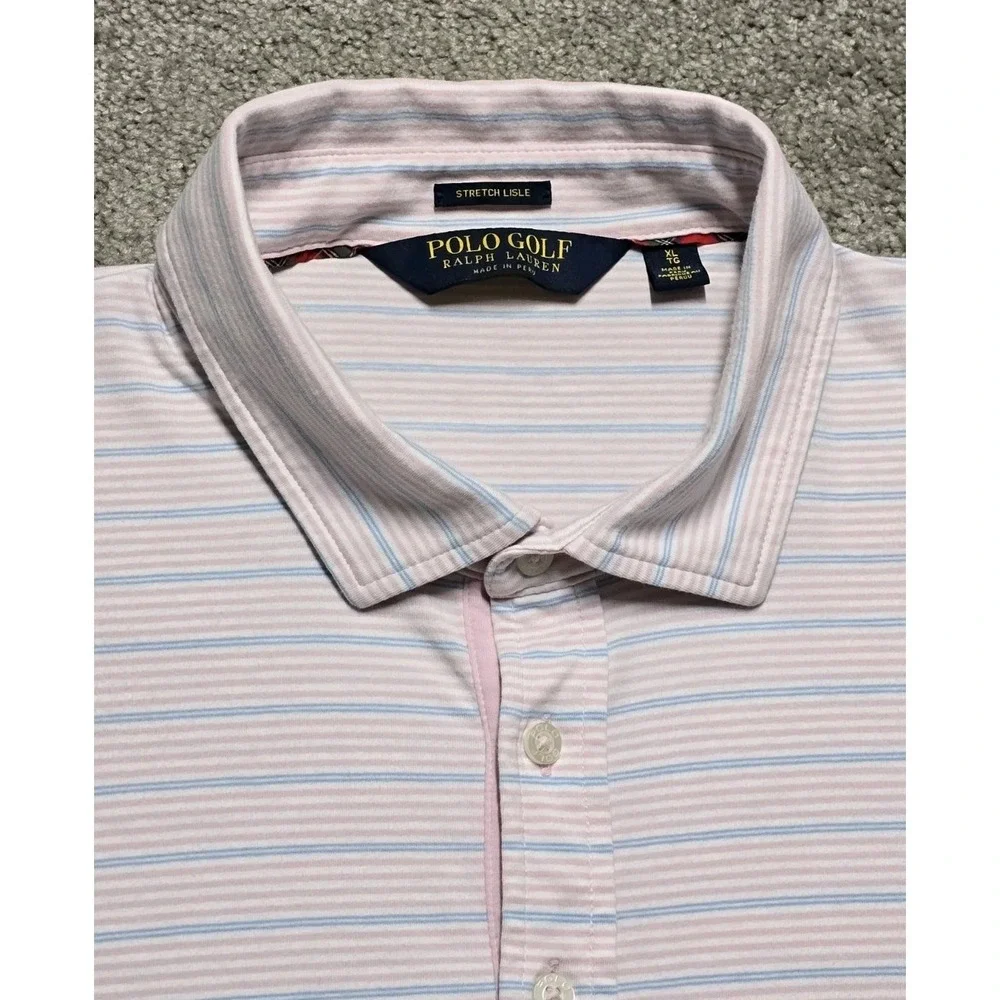 Ralph Lauren Polo Golf Performance Stretch‎ Lisle Polo Pink Blue Striped Mens XL